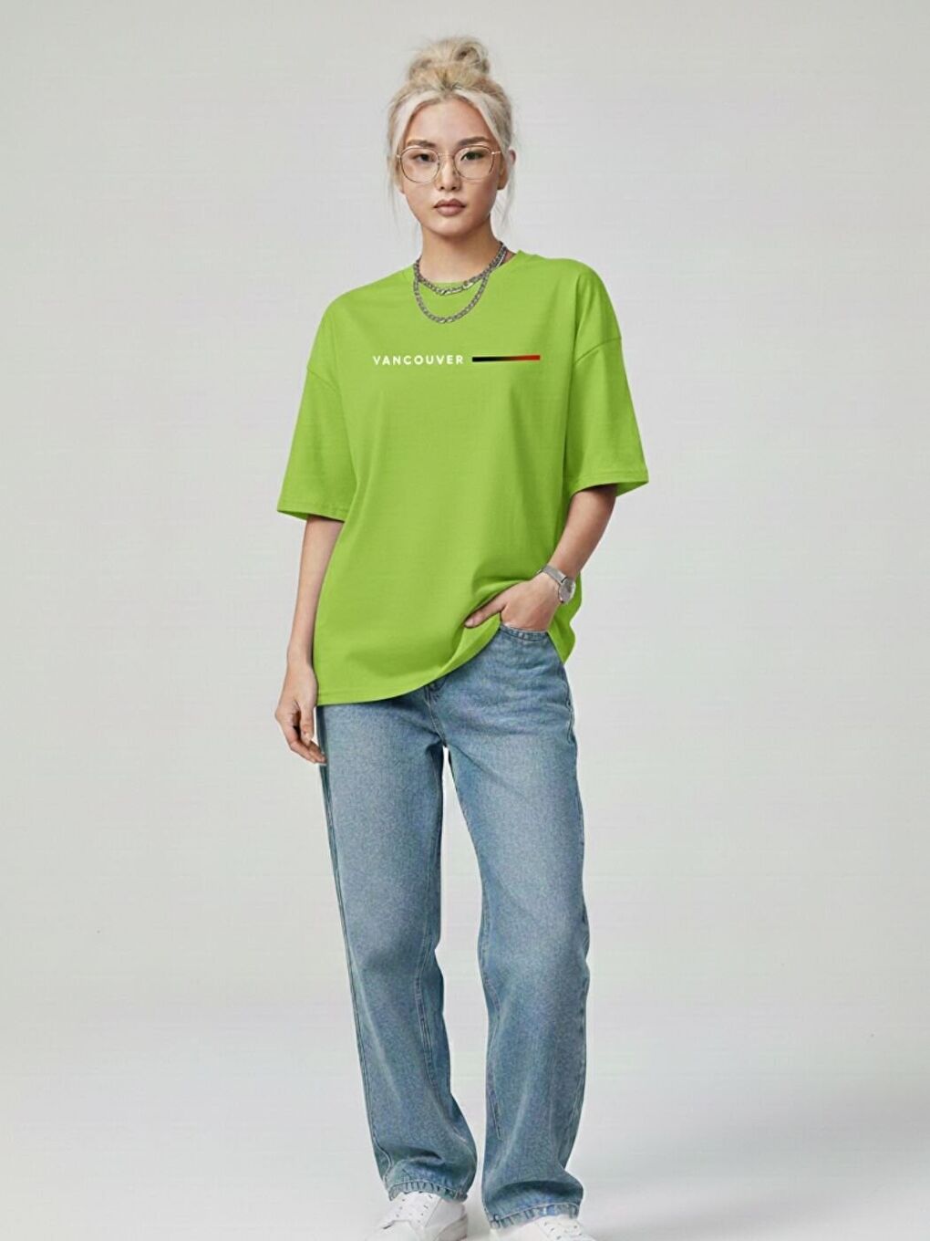 Yeşil Kadın Lime Vancouver Baskılı Oversize Tişört