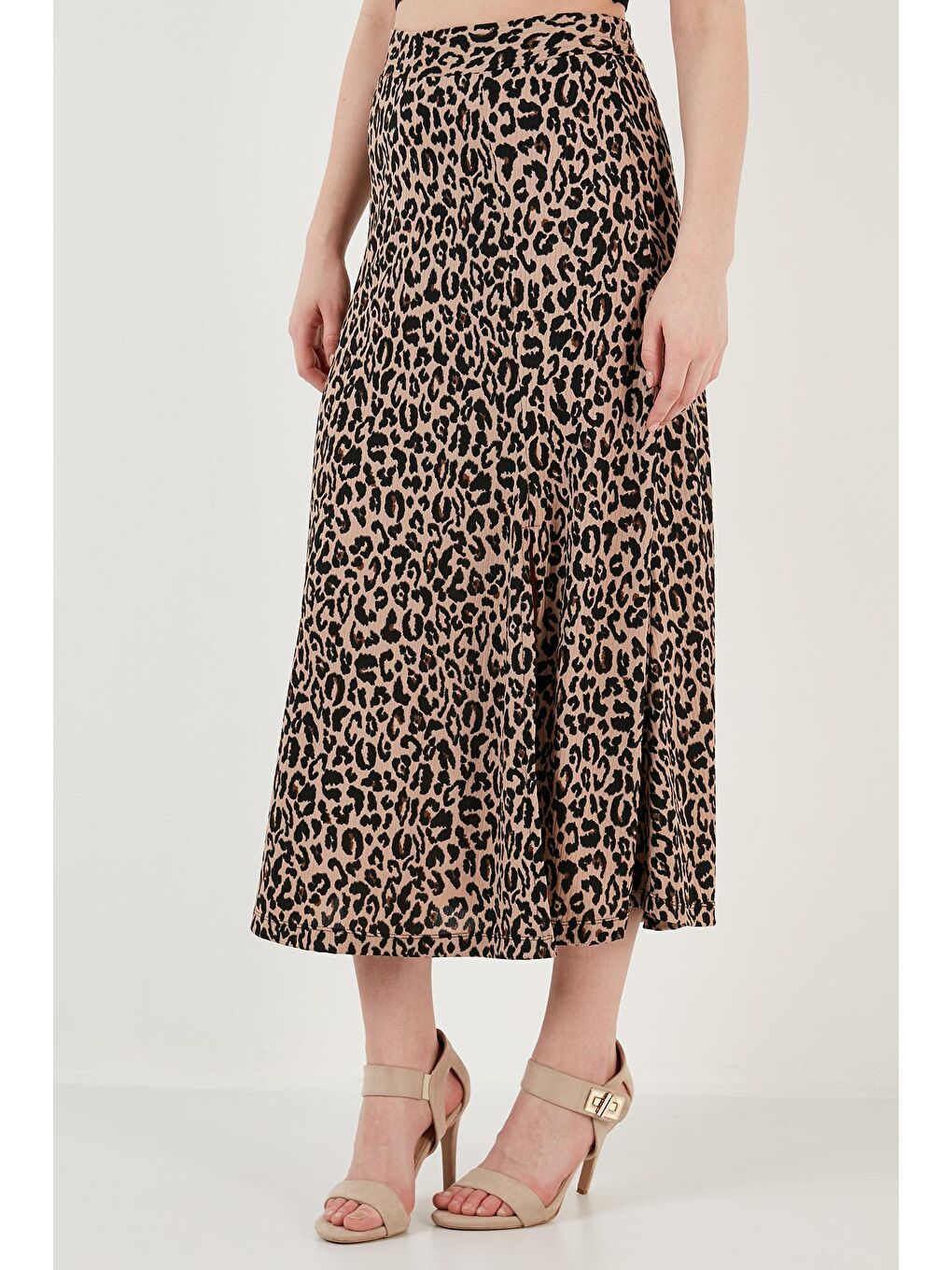 Kahverengi Desenli Midi Boy Yırtmaçlı Etek 5864498-4