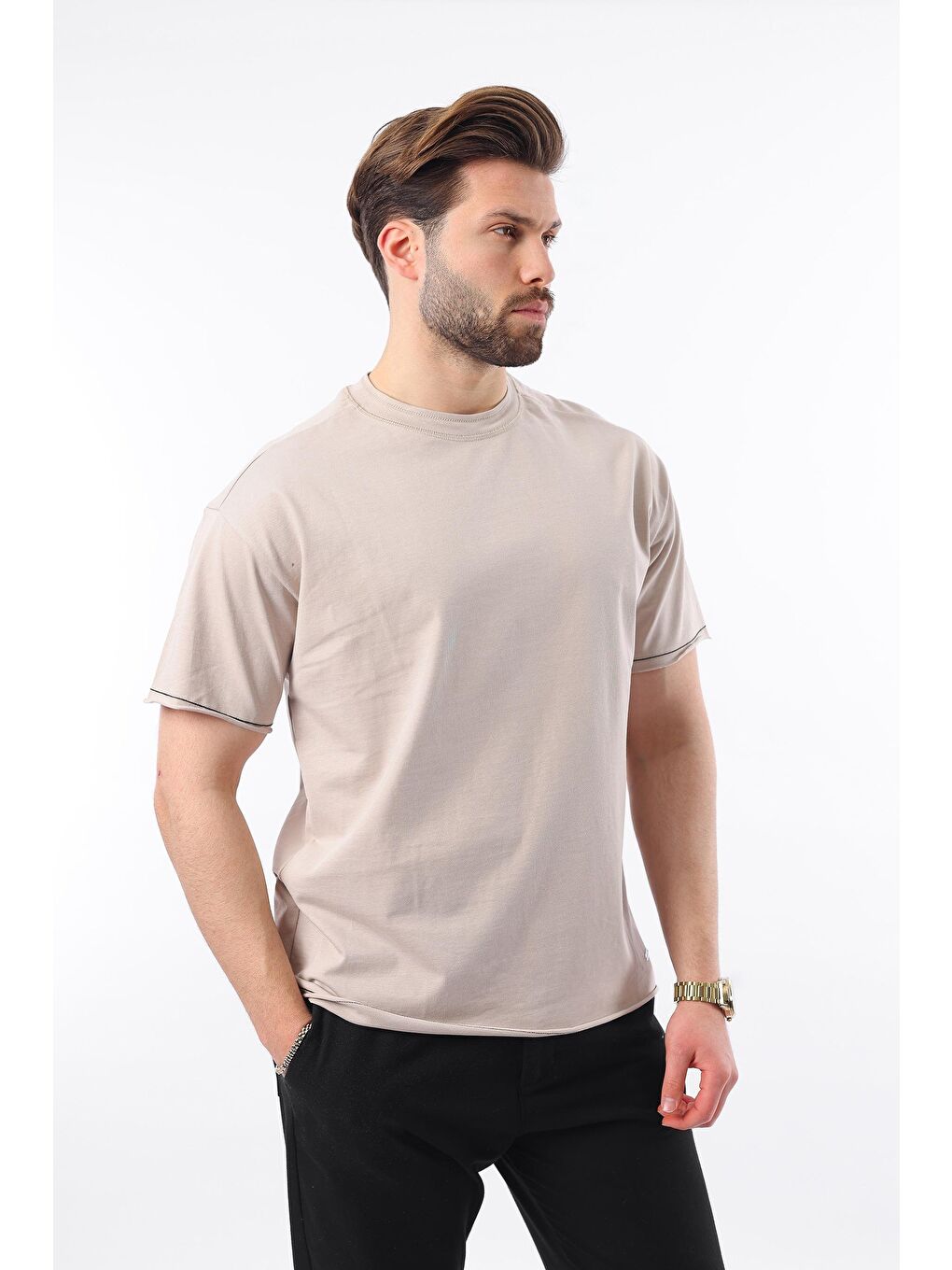 Bej Bisiklet Yaka Basic Erkek %100 Pamuk Tişört E7105