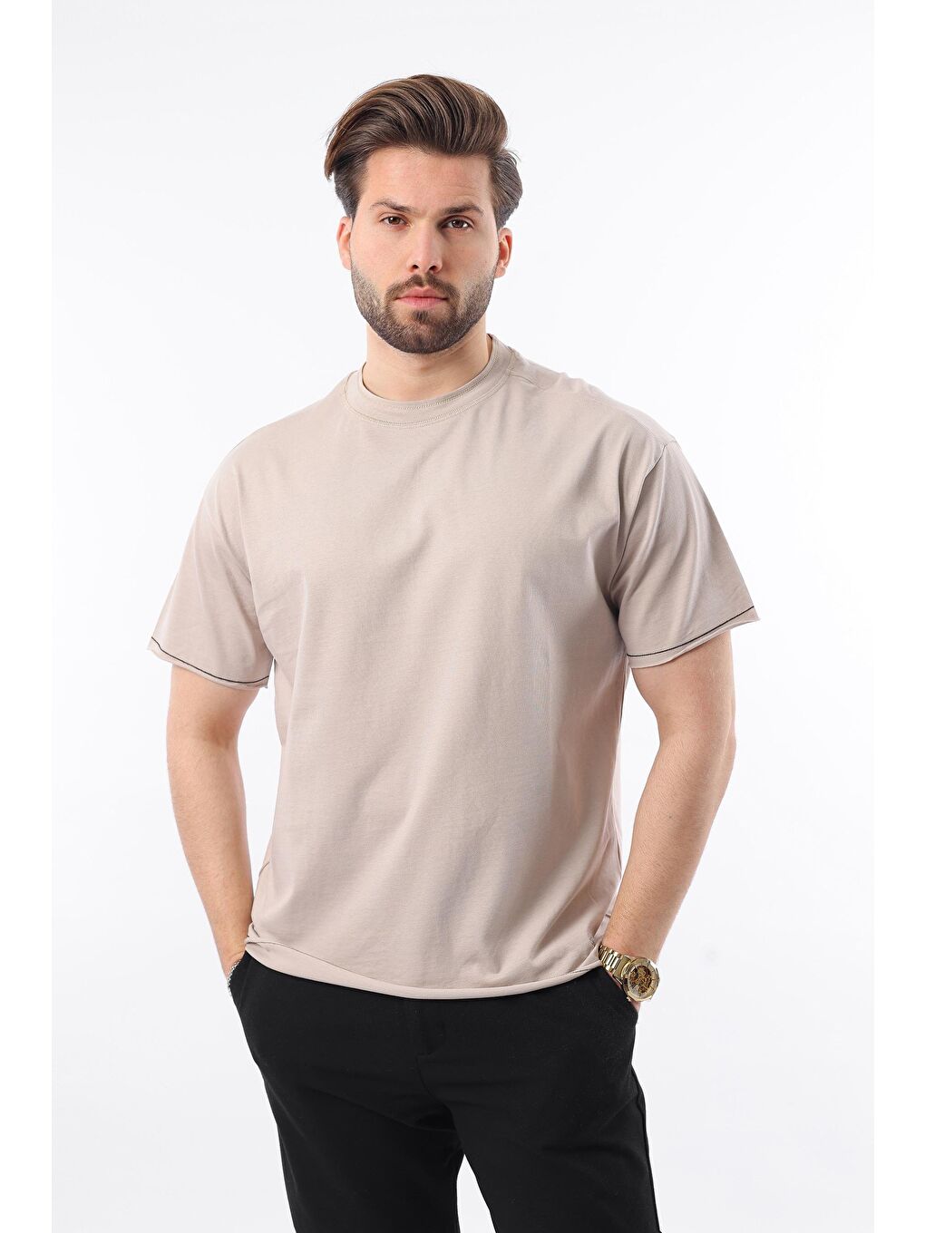 Bej Bisiklet Yaka Basic Erkek %100 Pamuk Tişört E7105-1