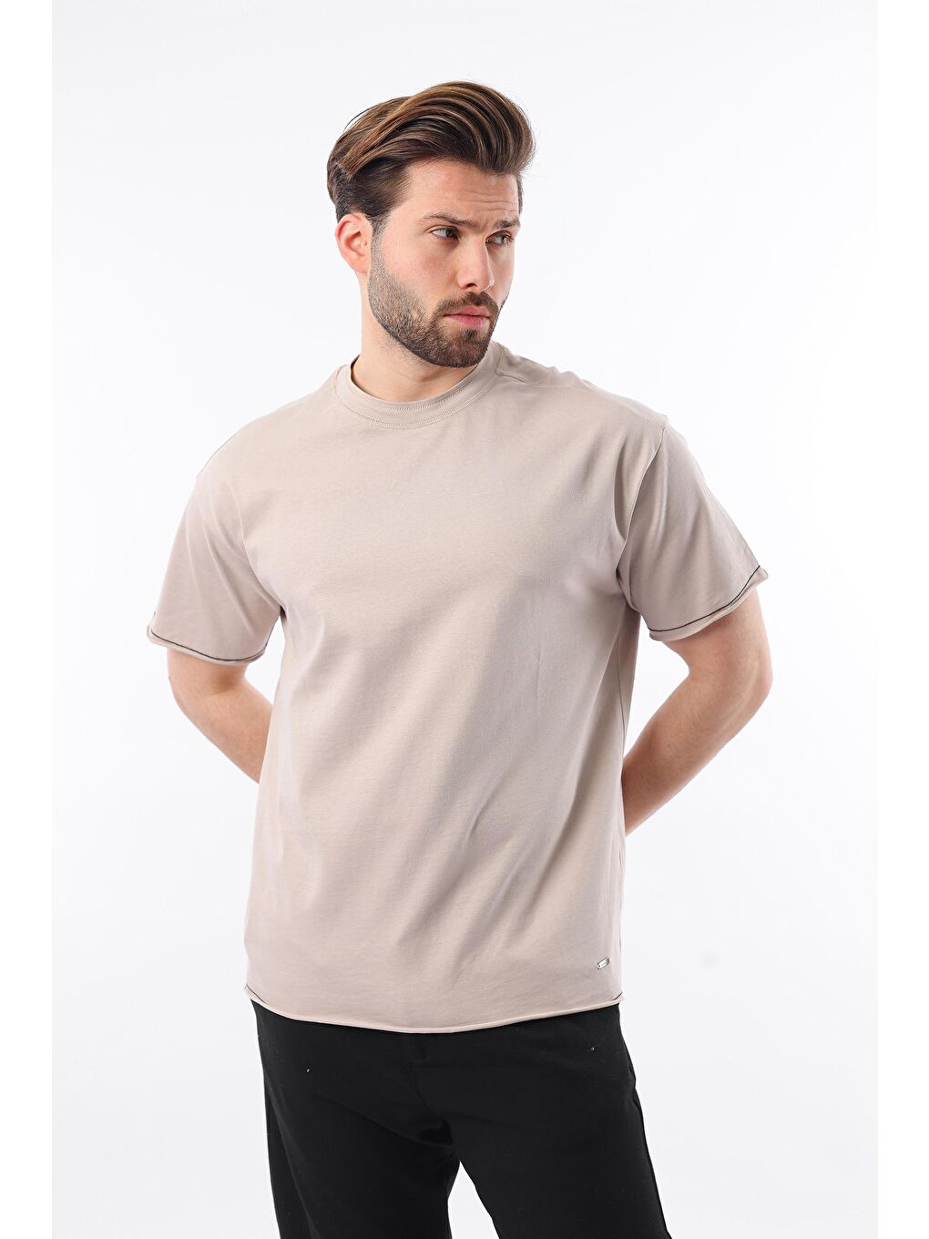 Bej Bisiklet Yaka Basic Erkek %100 Pamuk Tişört E7105-3