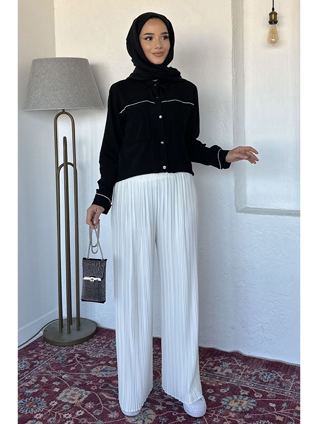 Ekru Kadın Pileli Bol Paça Tesettür Pantolon-2