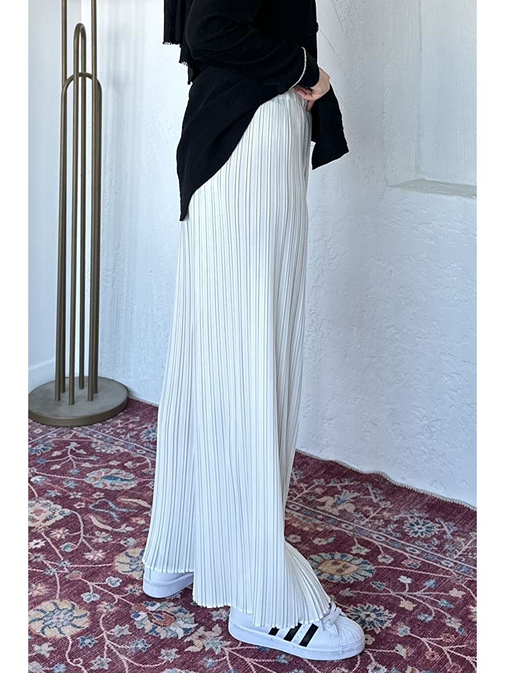 Ekru Kadın Pileli Bol Paça Tesettür Pantolon-4