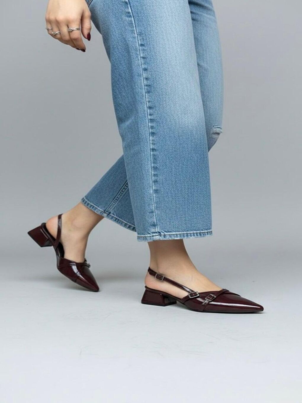 Kadın Beatris Bordo Çift Bantlı Sivri Burun Kısa Topuk Günlük Babet Klasik Ayakkabı