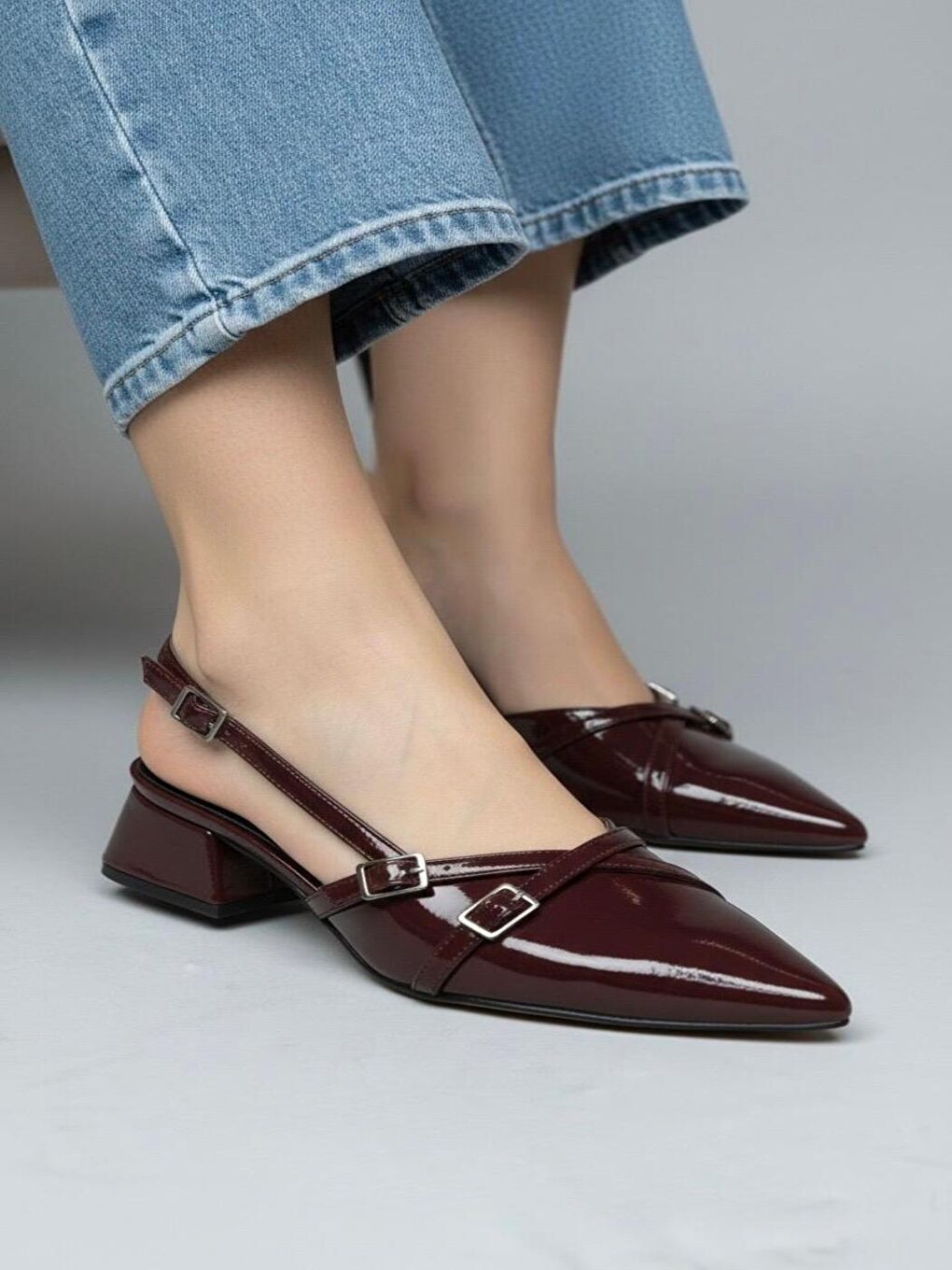 Kadın Beatris Bordo Çift Bantlı Sivri Burun Kısa Topuk Günlük Babet Klasik Ayakkabı-1