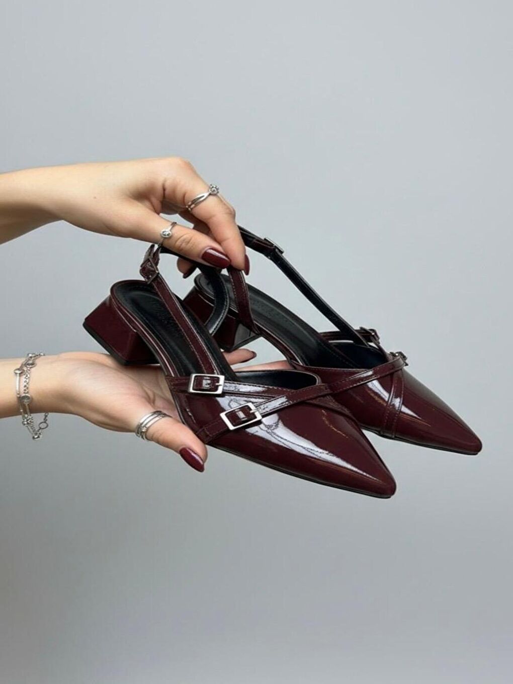 Kadın Beatris Bordo Çift Bantlı Sivri Burun Kısa Topuk Günlük Babet Klasik Ayakkabı-2