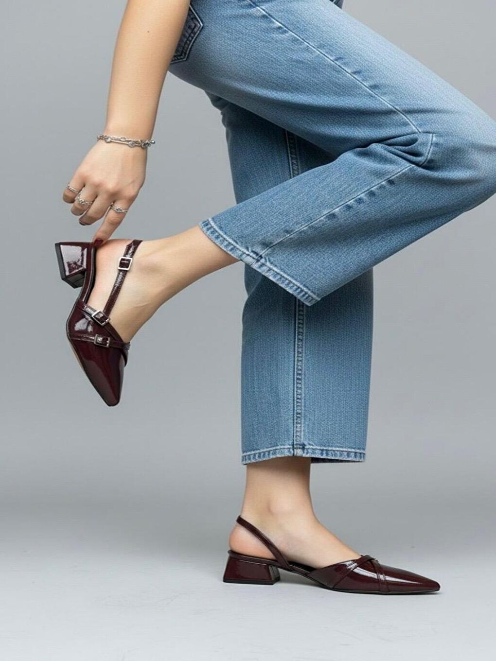 Kadın Beatris Bordo Çift Bantlı Sivri Burun Kısa Topuk Günlük Babet Klasik Ayakkabı-3