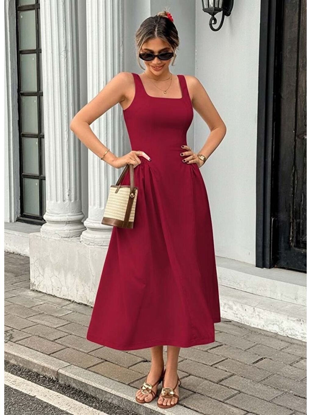 Kırmızı Kadın Askılı Kare Yakalı Uzun Ithal Krep Elbise-2