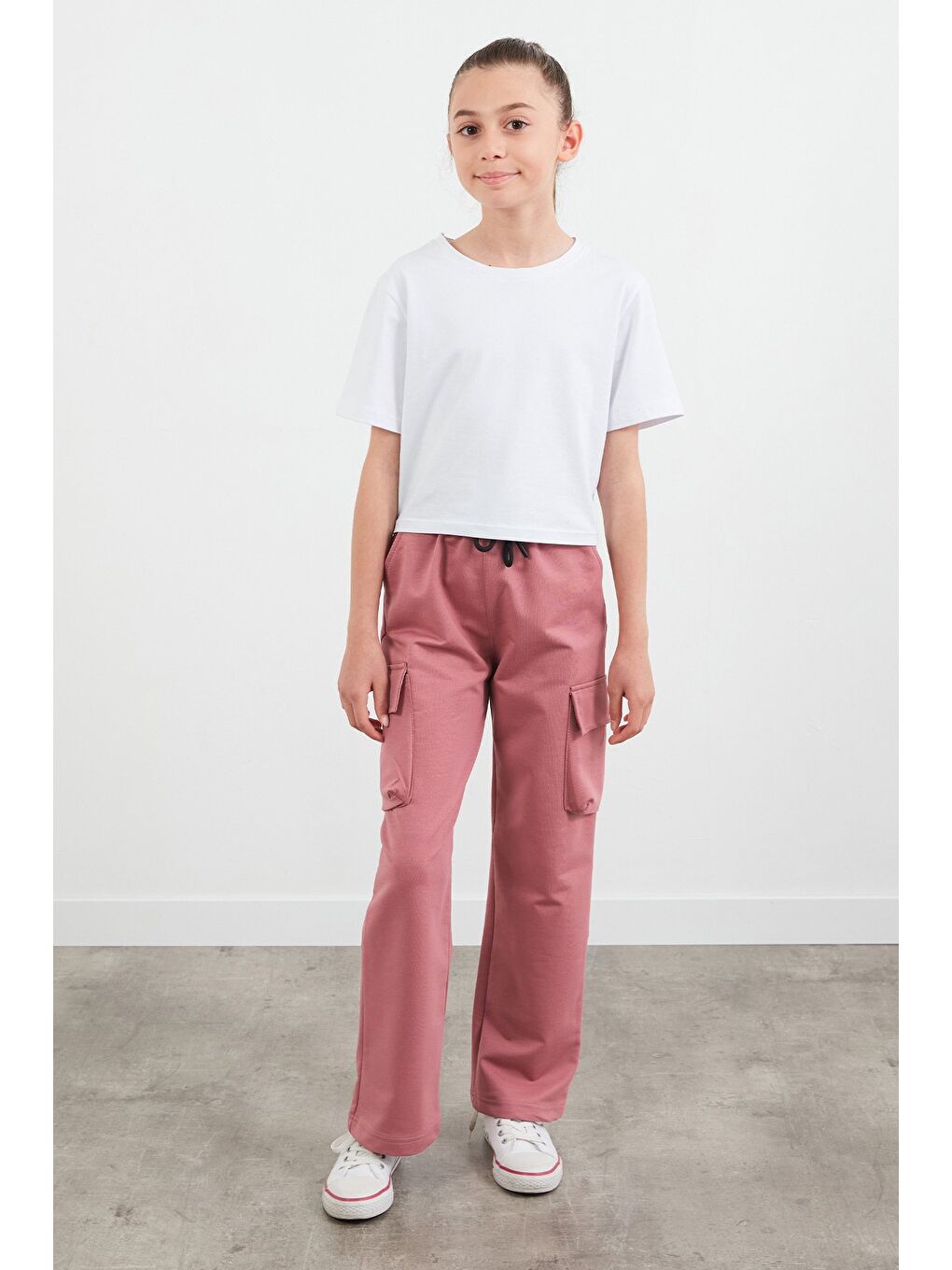 Pembe Beli Lastikli Kargo Cep Kız Çocuk Eşofman Altı-1