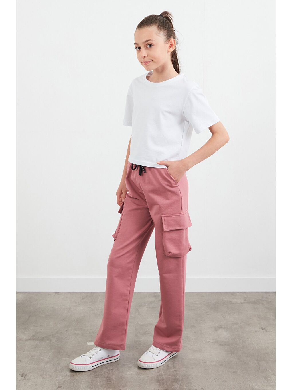 Pembe Beli Lastikli Kargo Cep Kız Çocuk Eşofman Altı-2