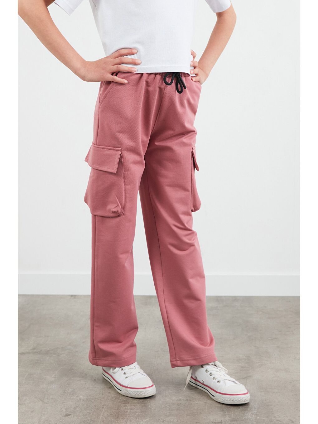 Pembe Beli Lastikli Kargo Cep Kız Çocuk Eşofman Altı-4