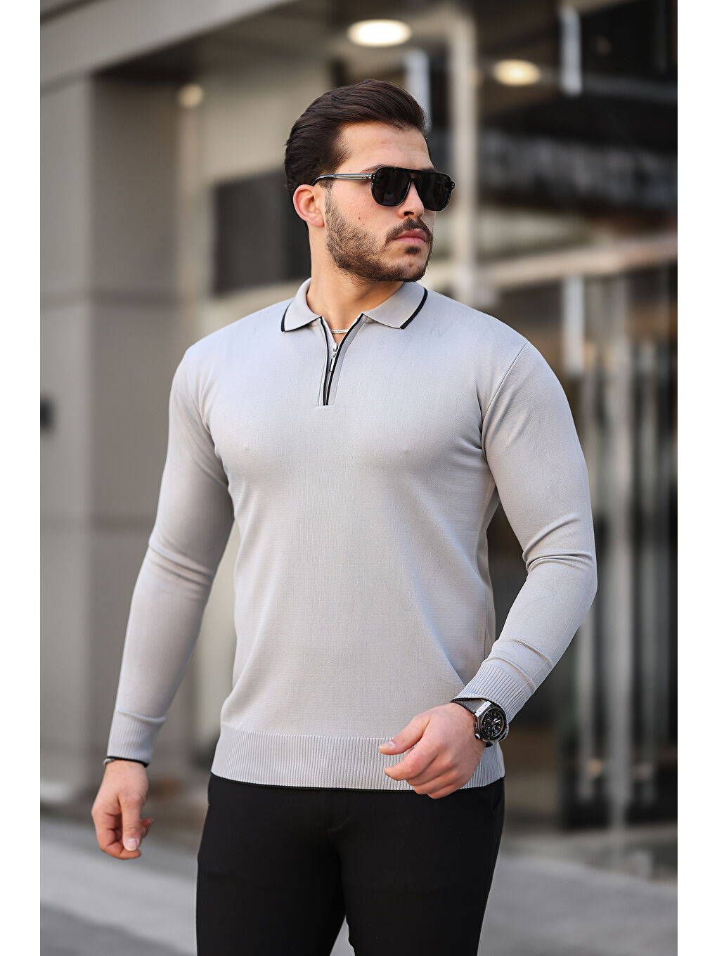 Gri Fermuar Yaka Çizgi Detaylı Erkek Kazak