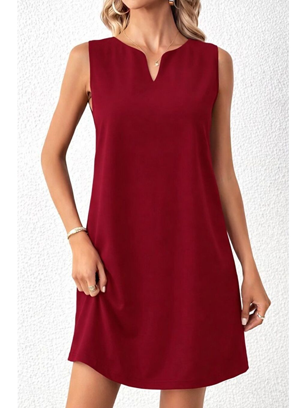 Bordo Kadın Askılı V Yakalı Mini Ithal Krep Elbise
