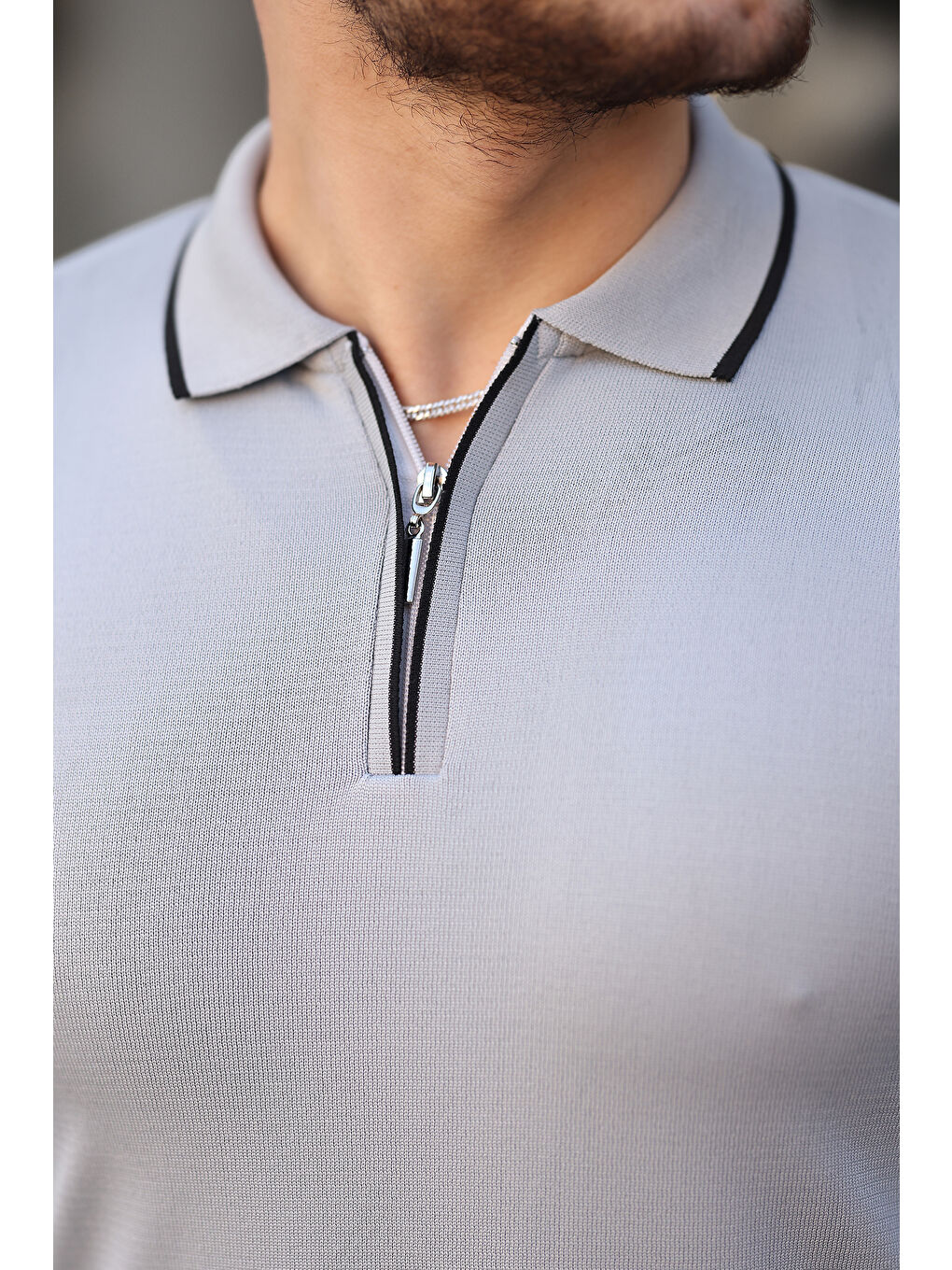 Gri Fermuar Yaka Çizgi Detaylı Erkek Kazak-1