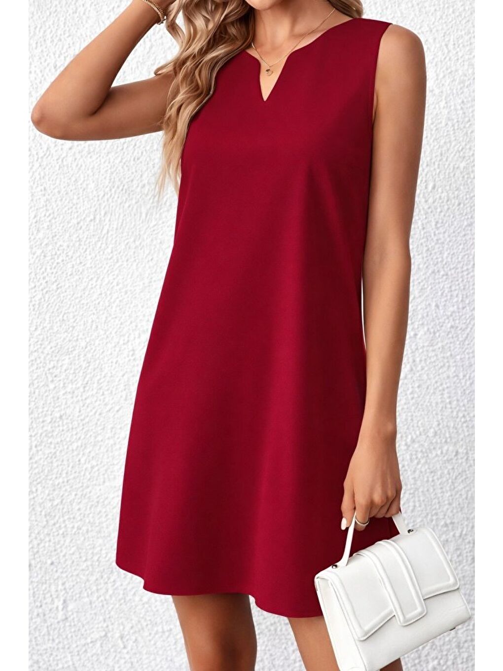 Bordo Kadın Askılı V Yakalı Mini Ithal Krep Elbise-1