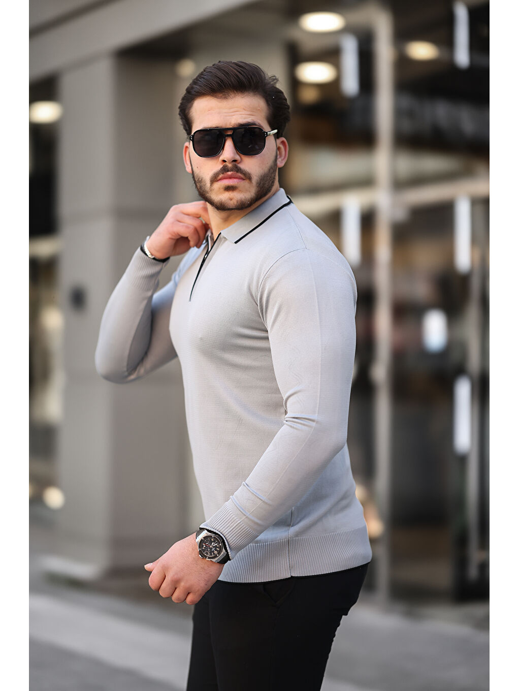 Gri Fermuar Yaka Çizgi Detaylı Erkek Kazak-2