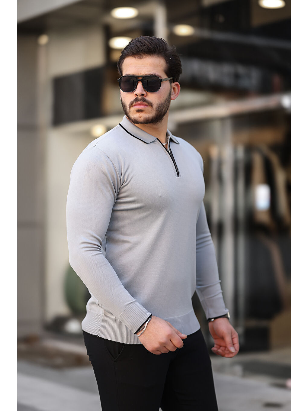 Gri Fermuar Yaka Çizgi Detaylı Erkek Kazak-3