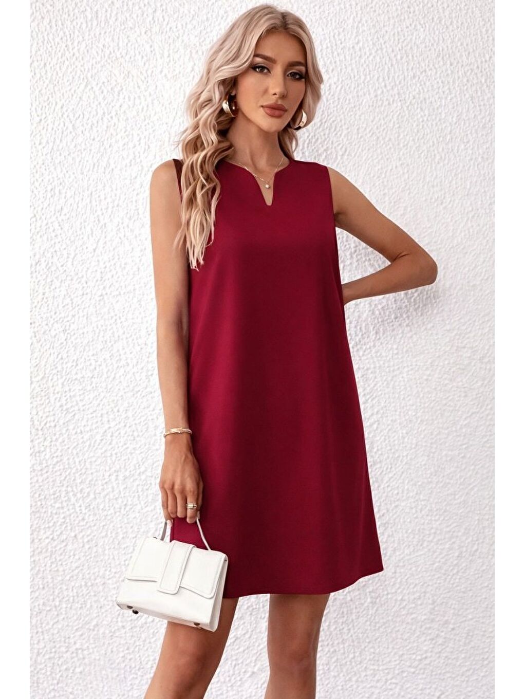 Bordo Kadın Askılı V Yakalı Mini Ithal Krep Elbise-2
