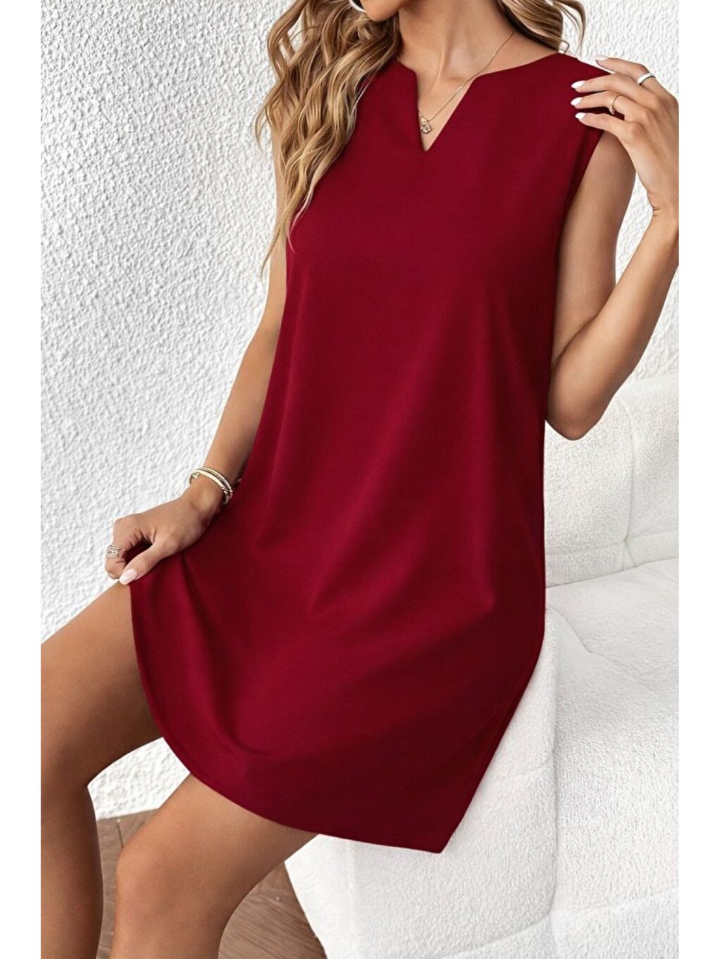 Bordo Kadın Askılı V Yakalı Mini Ithal Krep Elbise-3