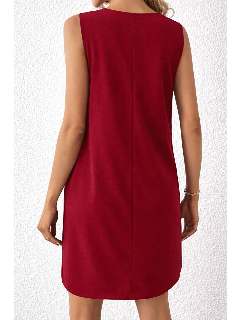Bordo Kadın Askılı V Yakalı Mini Ithal Krep Elbise-4