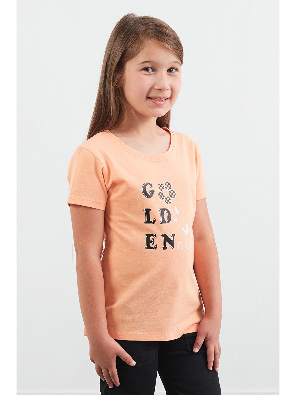 Turuncu %100 Pamuk Golden Days Baskılı Kız Çocuk Tişört-1