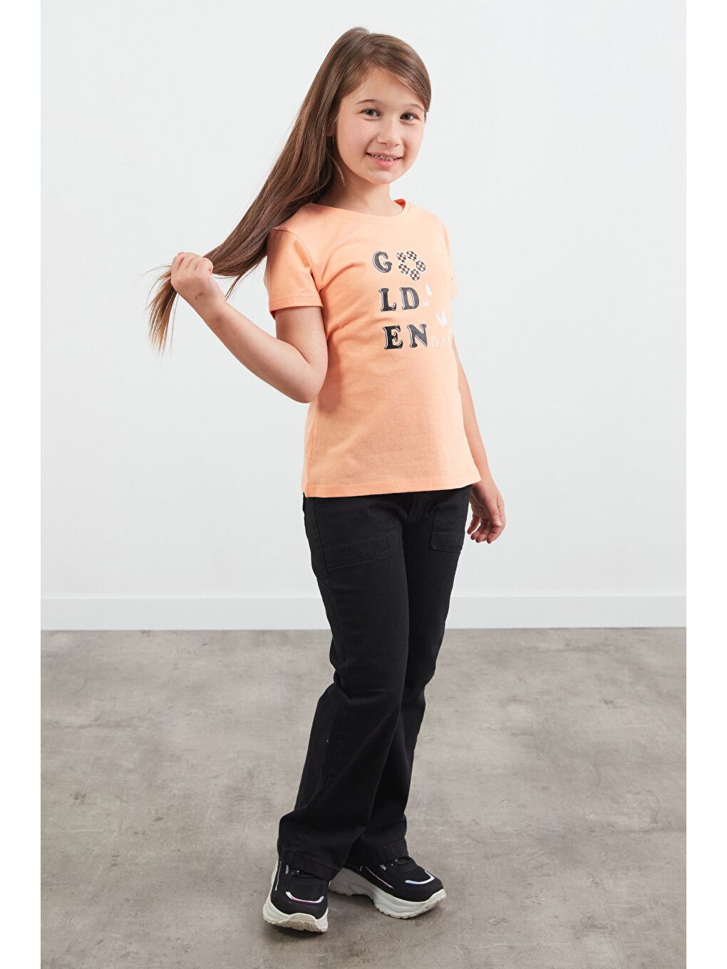 Turuncu %100 Pamuk Golden Days Baskılı Kız Çocuk Tişört-2