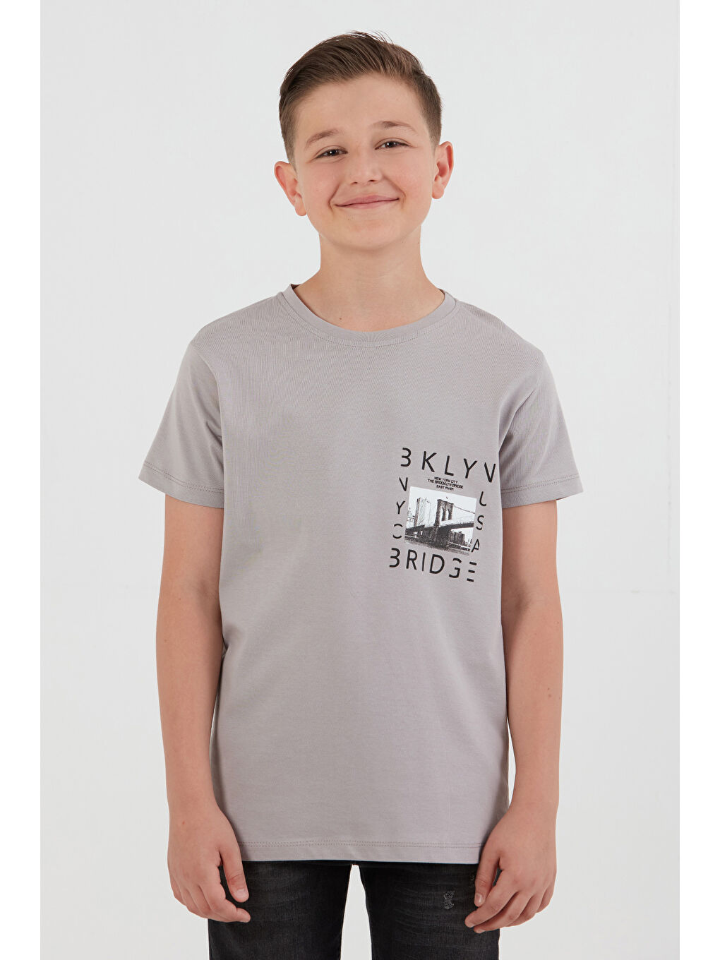 Gri %100 Pamuk Baskılı Erkek Çocuk Tişört