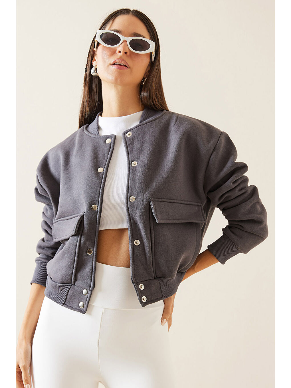 Gri Füme Çıtçıt Düğmeli Crop Bomber Ceket 3YXK4-47551-33