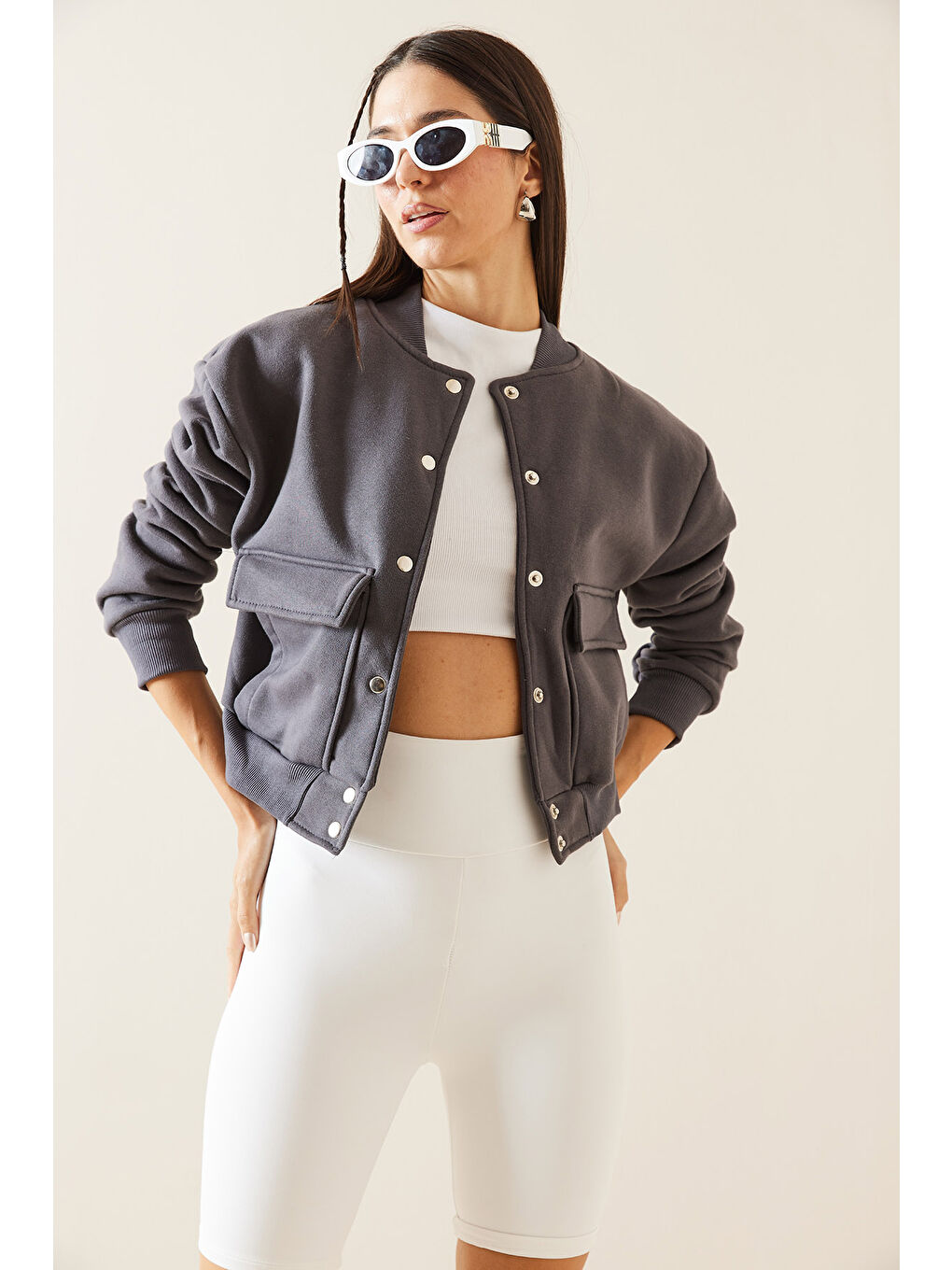 Gri Füme Çıtçıt Düğmeli Crop Bomber Ceket 3YXK4-47551-33-1