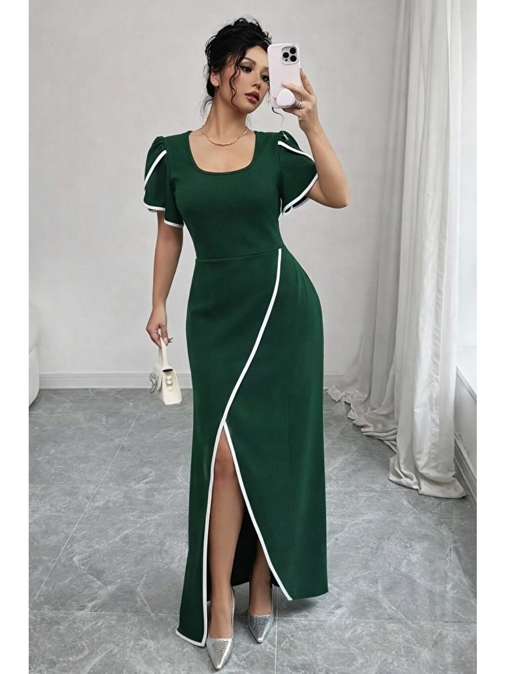 Yeşil Kadın Kısa Kollu Kare Yakalı önden çapraz Kesim Detaylı Krep Elbise