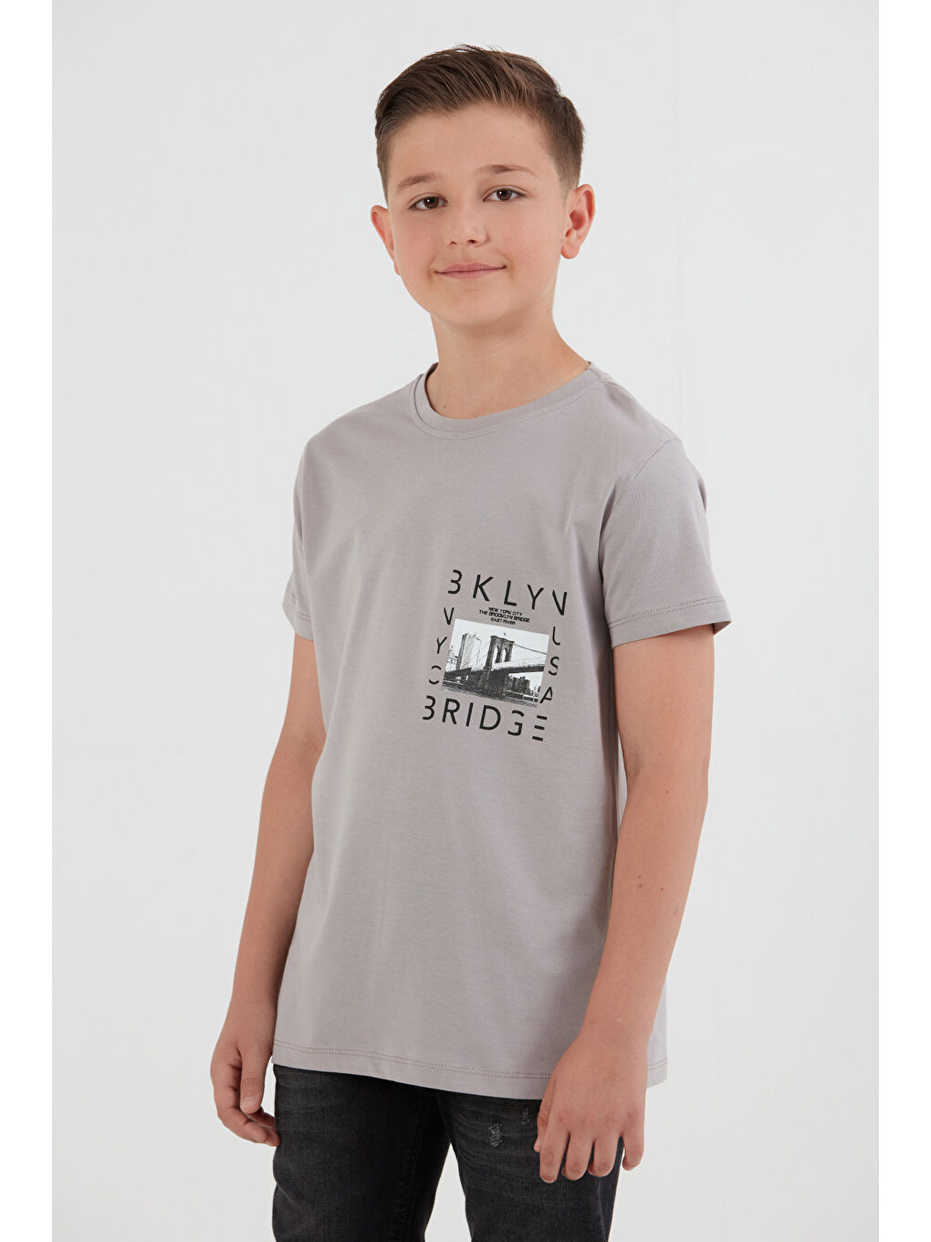 Gri %100 Pamuk Baskılı Erkek Çocuk Tişört-1
