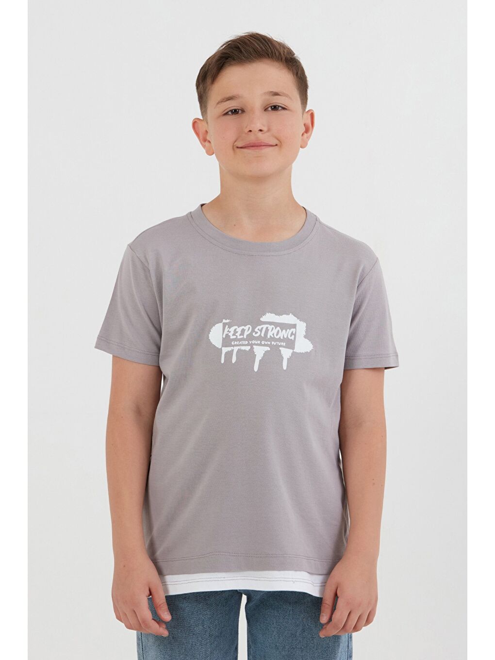 Gri Keep Strong Baskılı Erkek Çocuk Tişört-1