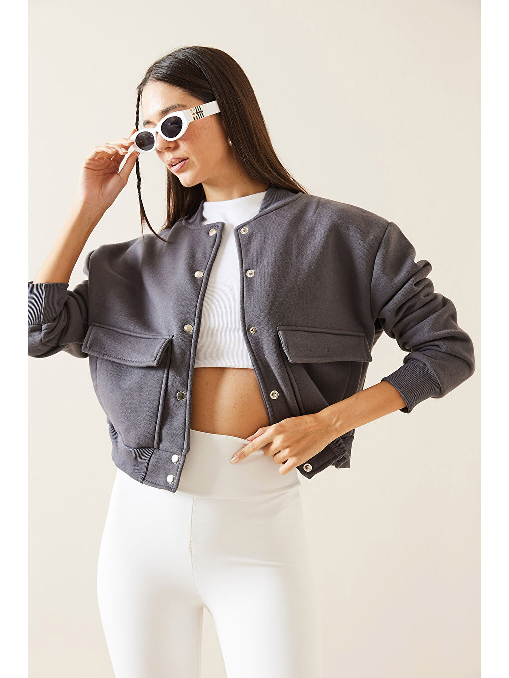 Gri Füme Çıtçıt Düğmeli Crop Bomber Ceket 3YXK4-47551-33-2