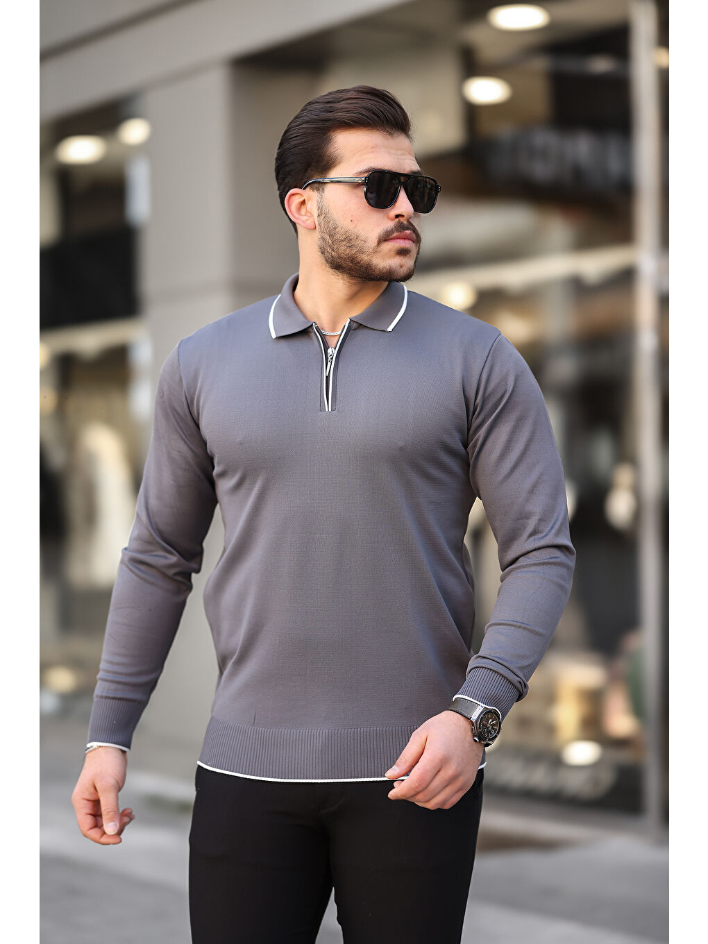 Gri Fermuar Yaka Çizgi Detaylı Erkek Kazak