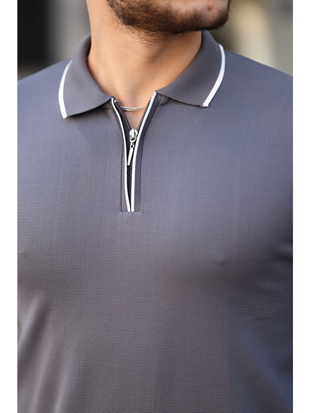 Gri Fermuar Yaka Çizgi Detaylı Erkek Kazak-1