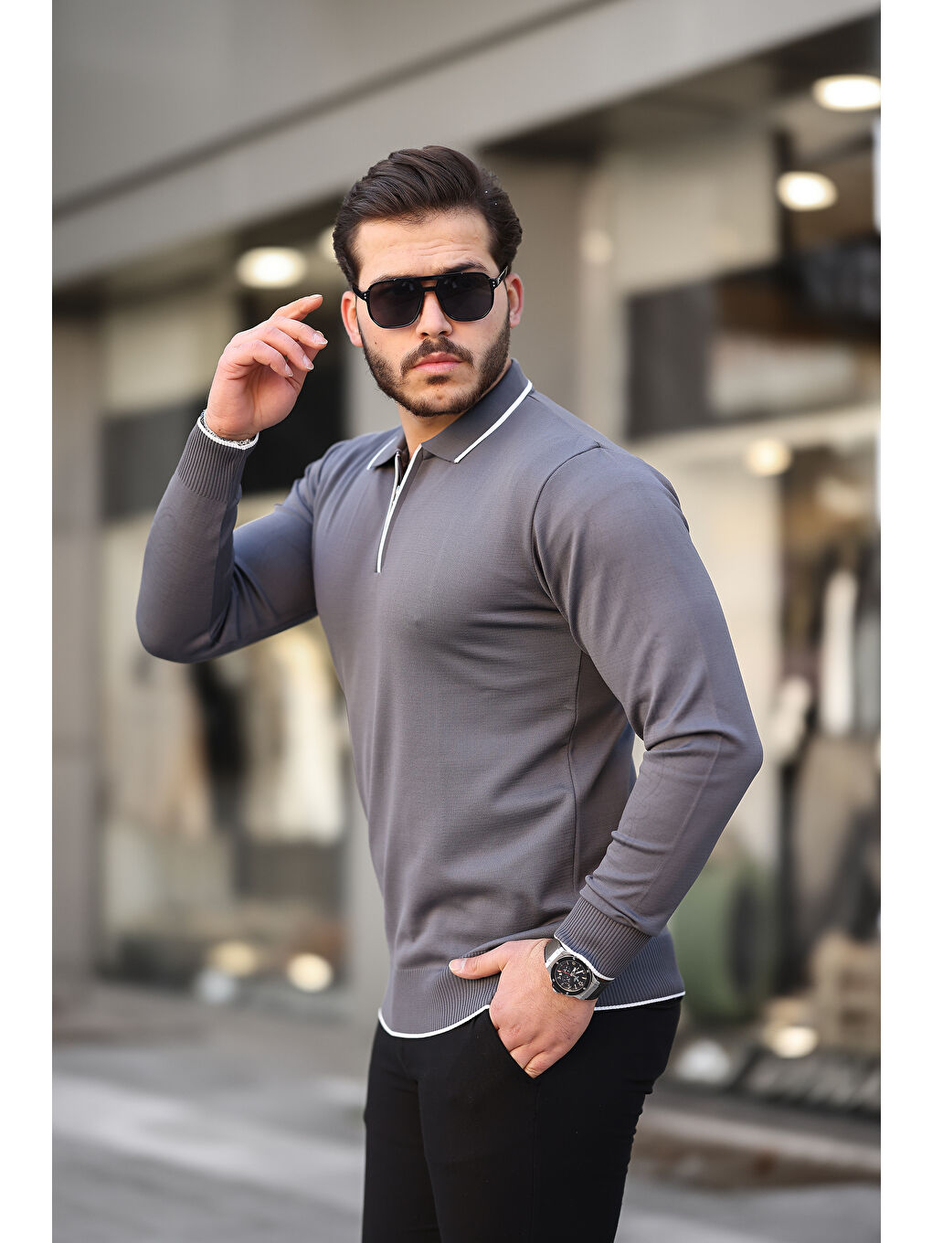 Gri Fermuar Yaka Çizgi Detaylı Erkek Kazak-2