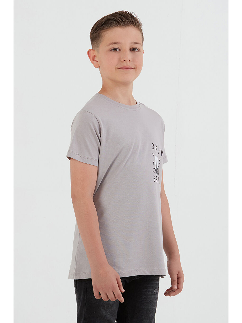 Gri %100 Pamuk Baskılı Erkek Çocuk Tişört-3