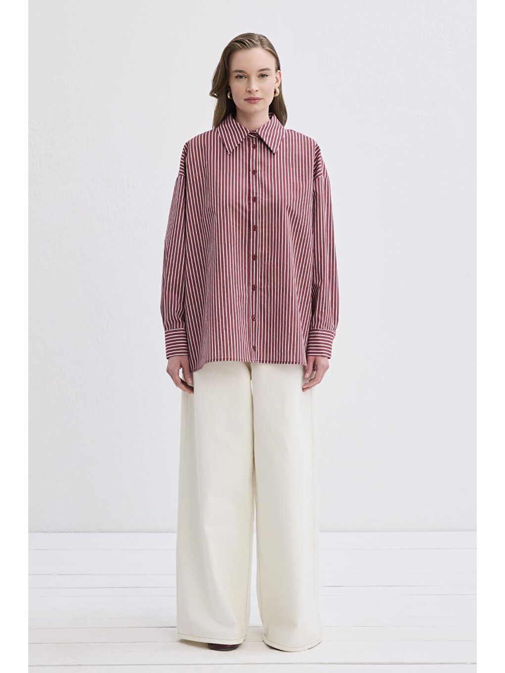 Belle Çizgili Gömlek Bordo-1