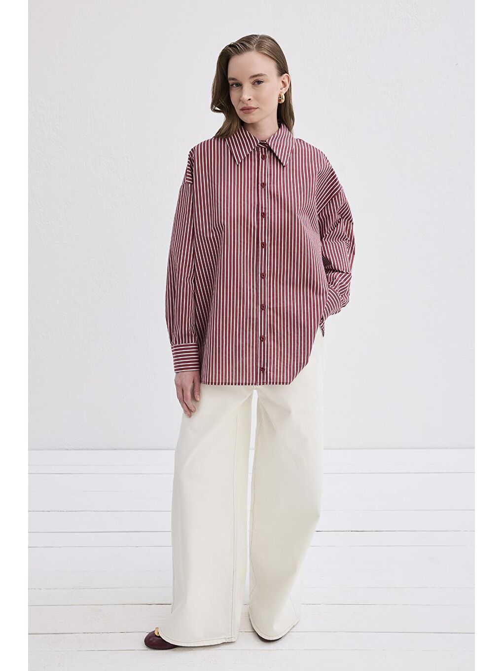Belle Çizgili Gömlek Bordo-2