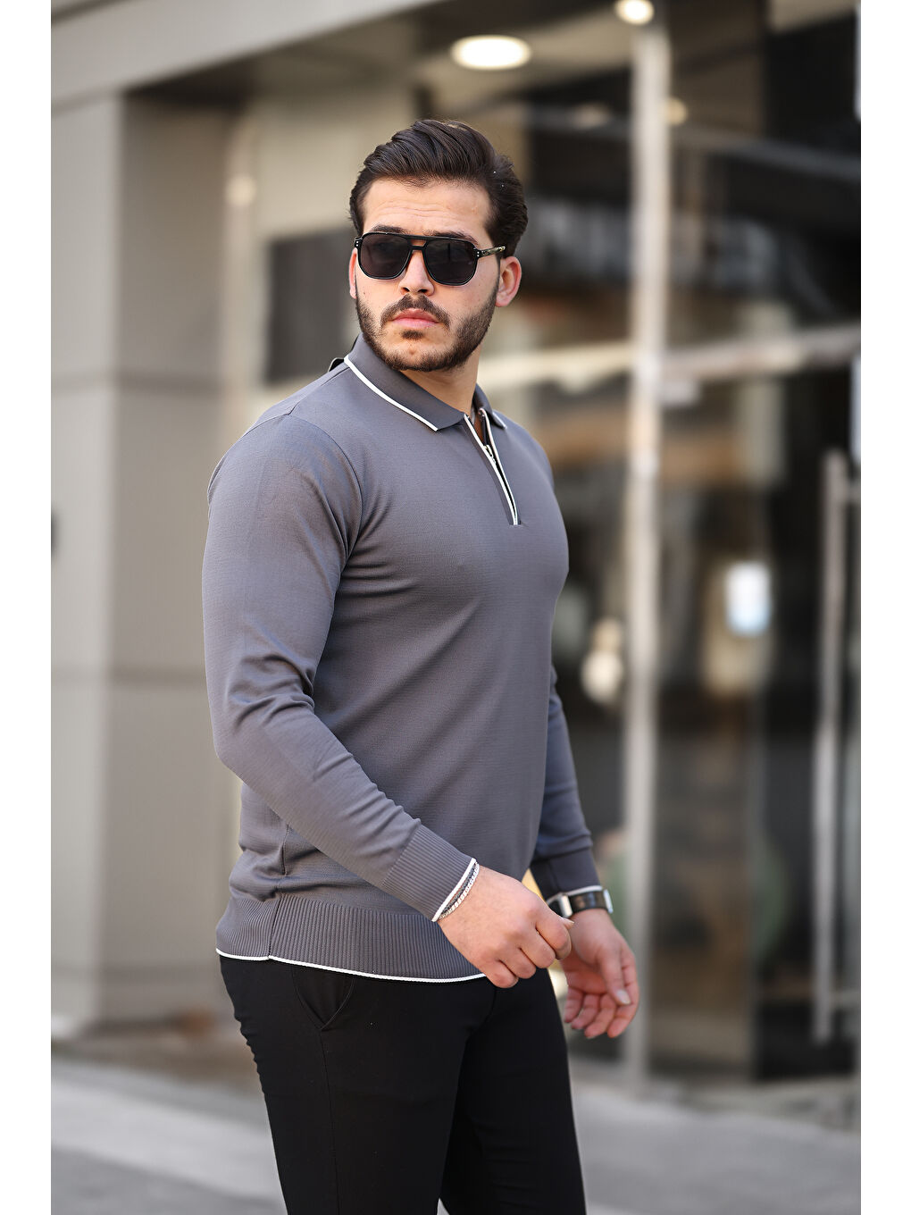 Gri Fermuar Yaka Çizgi Detaylı Erkek Kazak-3