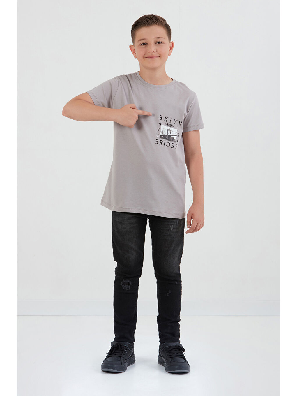 Gri %100 Pamuk Baskılı Erkek Çocuk Tişört-4