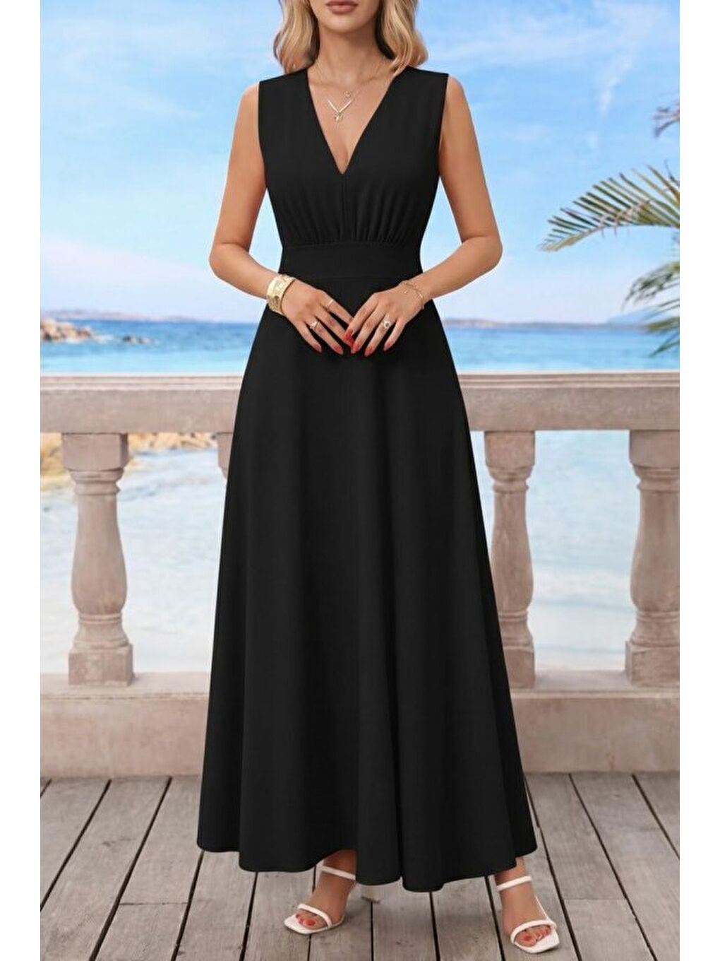 Siyah Kadın Askılı V Yakalı Bel Korsaj Detaylı Uzun Ithal Krep Elbise-1