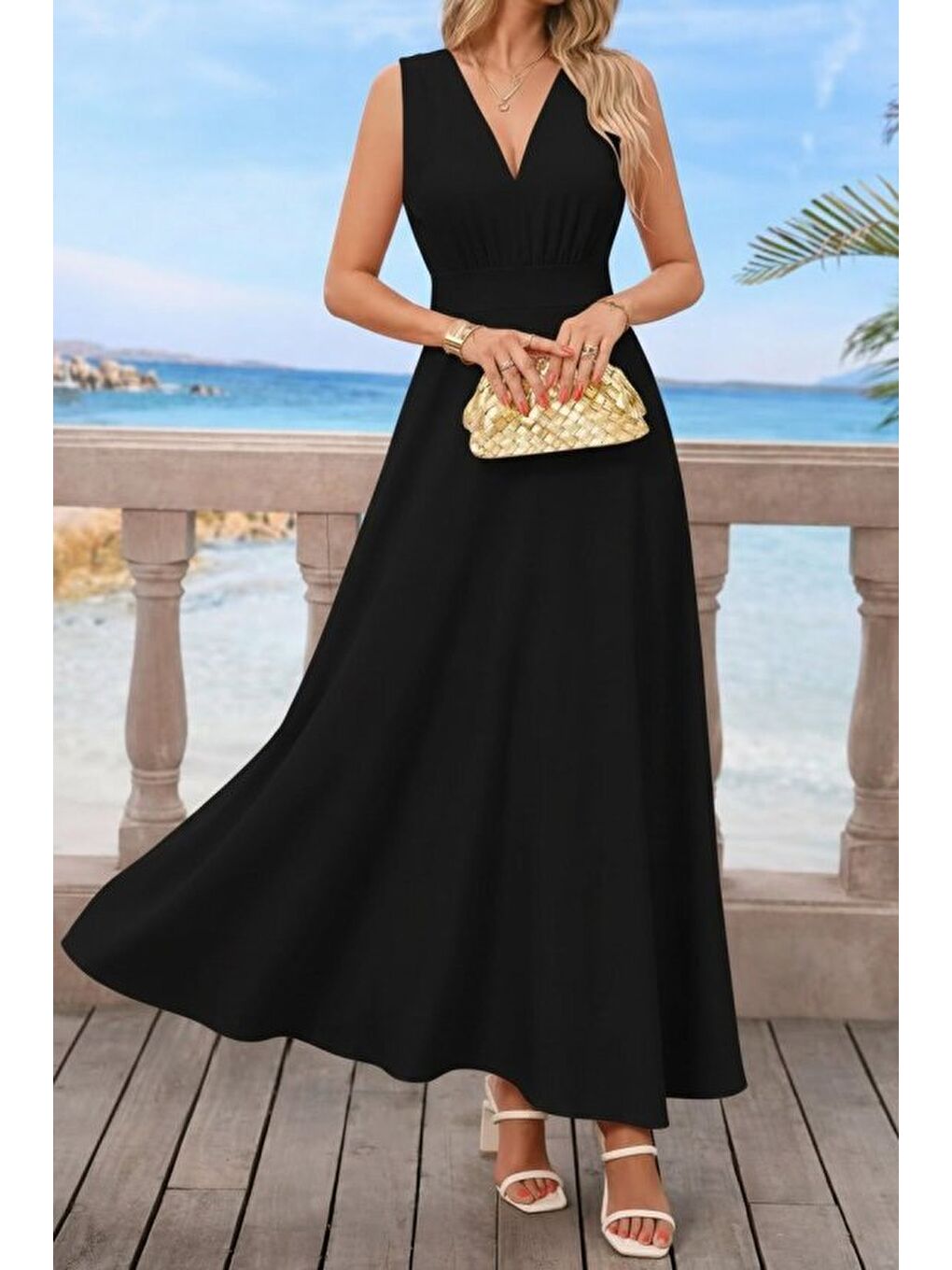 Siyah Kadın Askılı V Yakalı Bel Korsaj Detaylı Uzun Ithal Krep Elbise-2