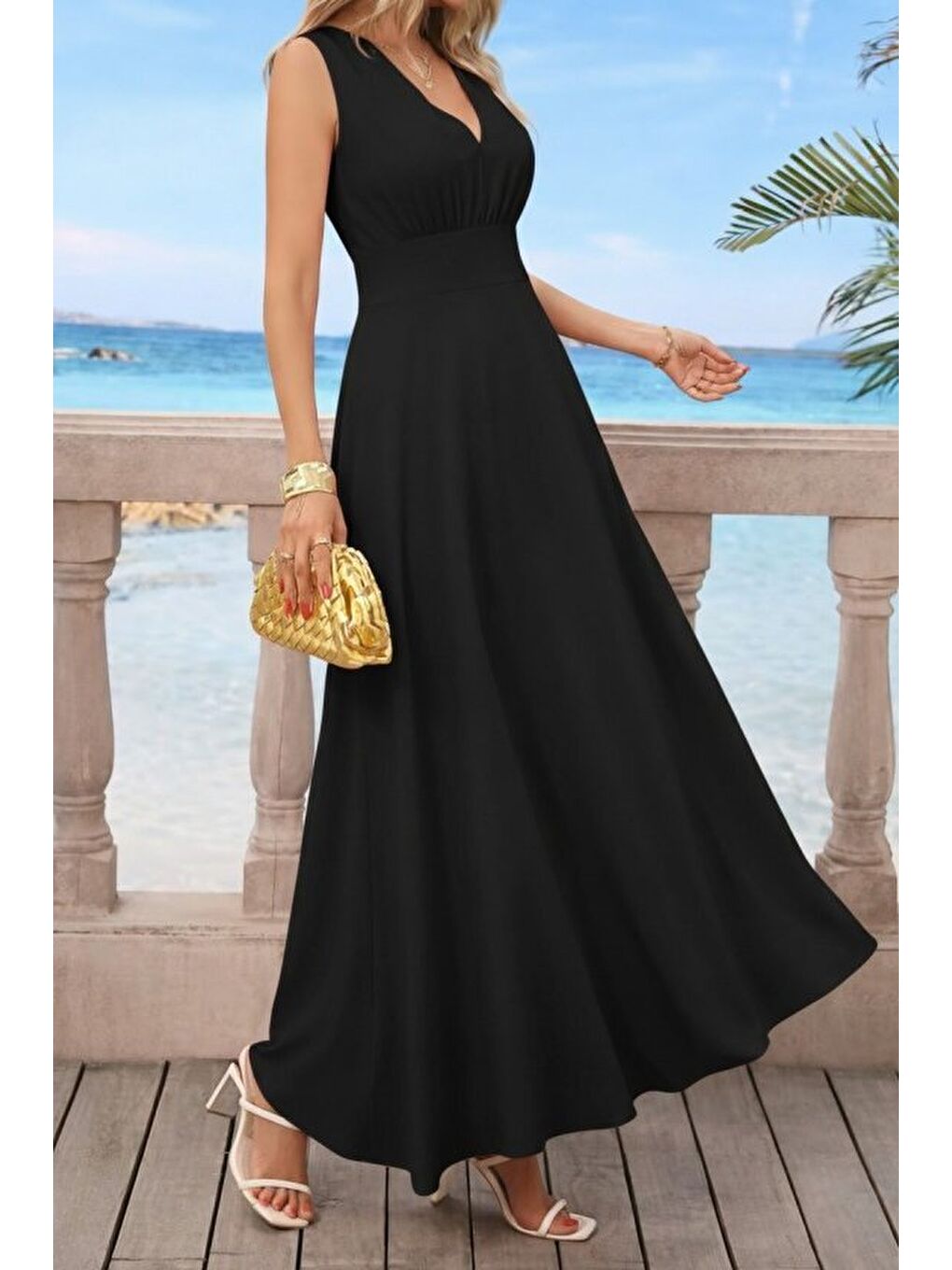 Siyah Kadın Askılı V Yakalı Bel Korsaj Detaylı Uzun Ithal Krep Elbise-3