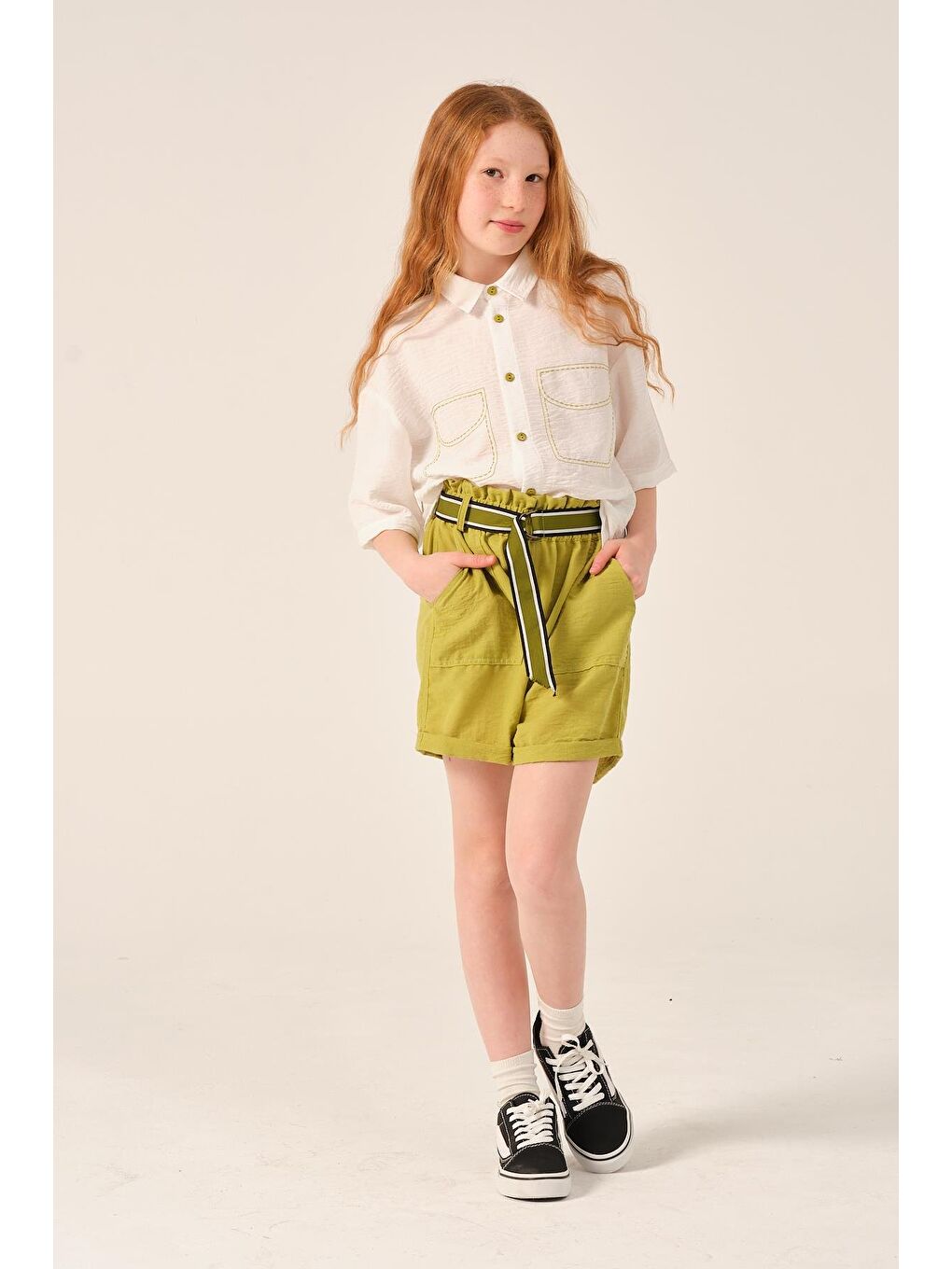Yeşil Genç Kız Çocuk Kemerli Şort-1