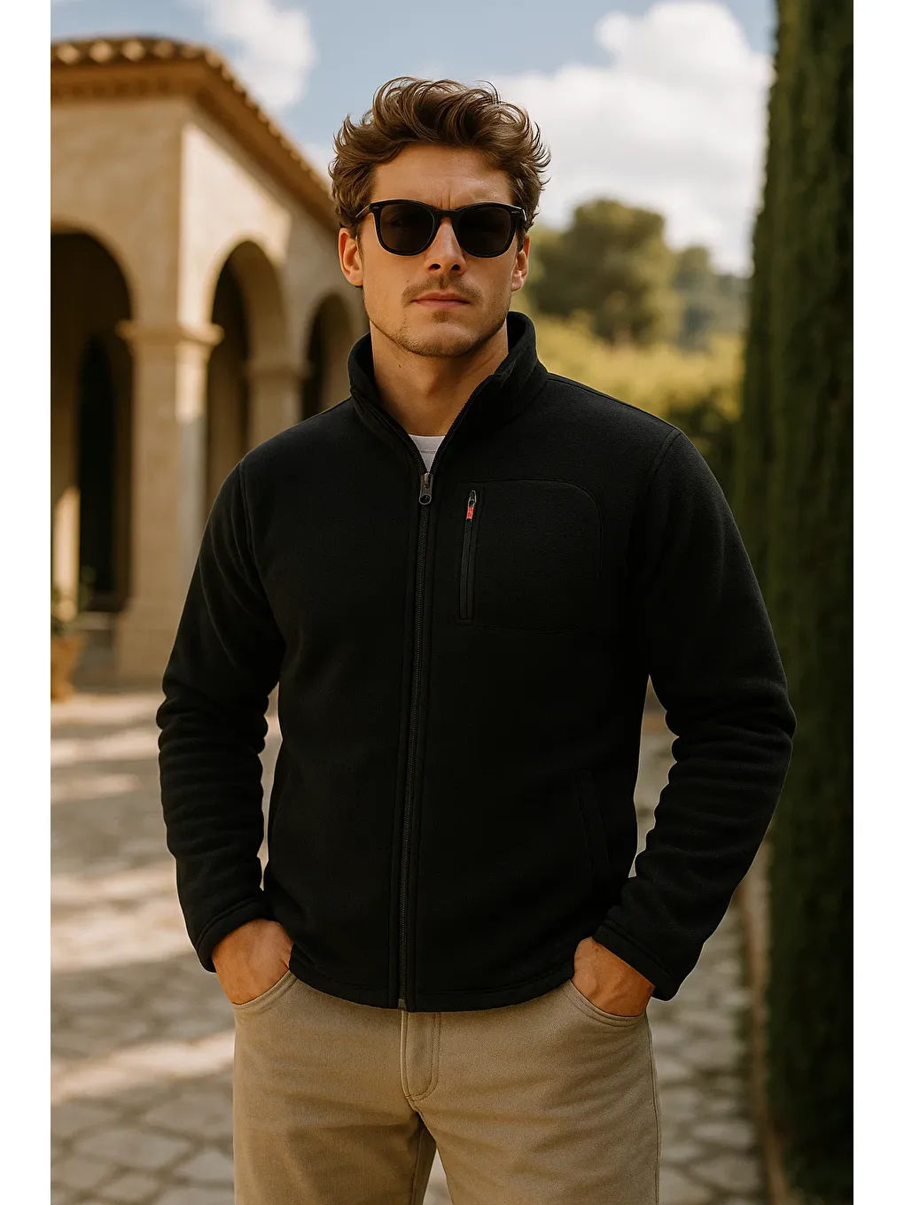Erkek Kalın Fermuarlı Kışlık Cepli Siyah Polar Ceket