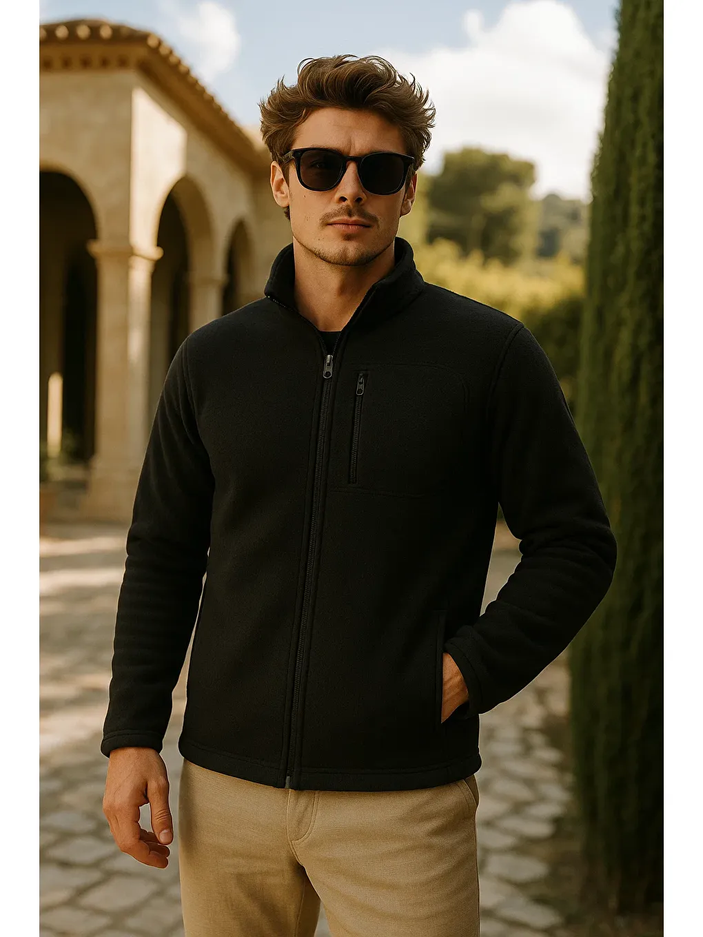 Erkek Kalın Fermuarlı Kışlık Cepli Siyah Polar Ceket-1