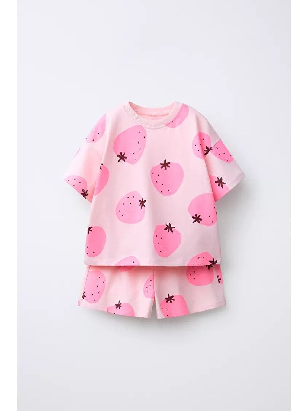 Kız Çocuk Pamuklu Pembe Çilek Desenli T-Shirt Şort Takım