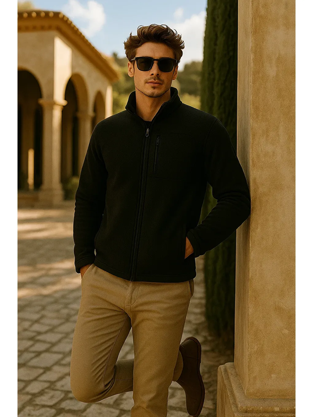 Erkek Kalın Fermuarlı Kışlık Cepli Siyah Polar Ceket-2