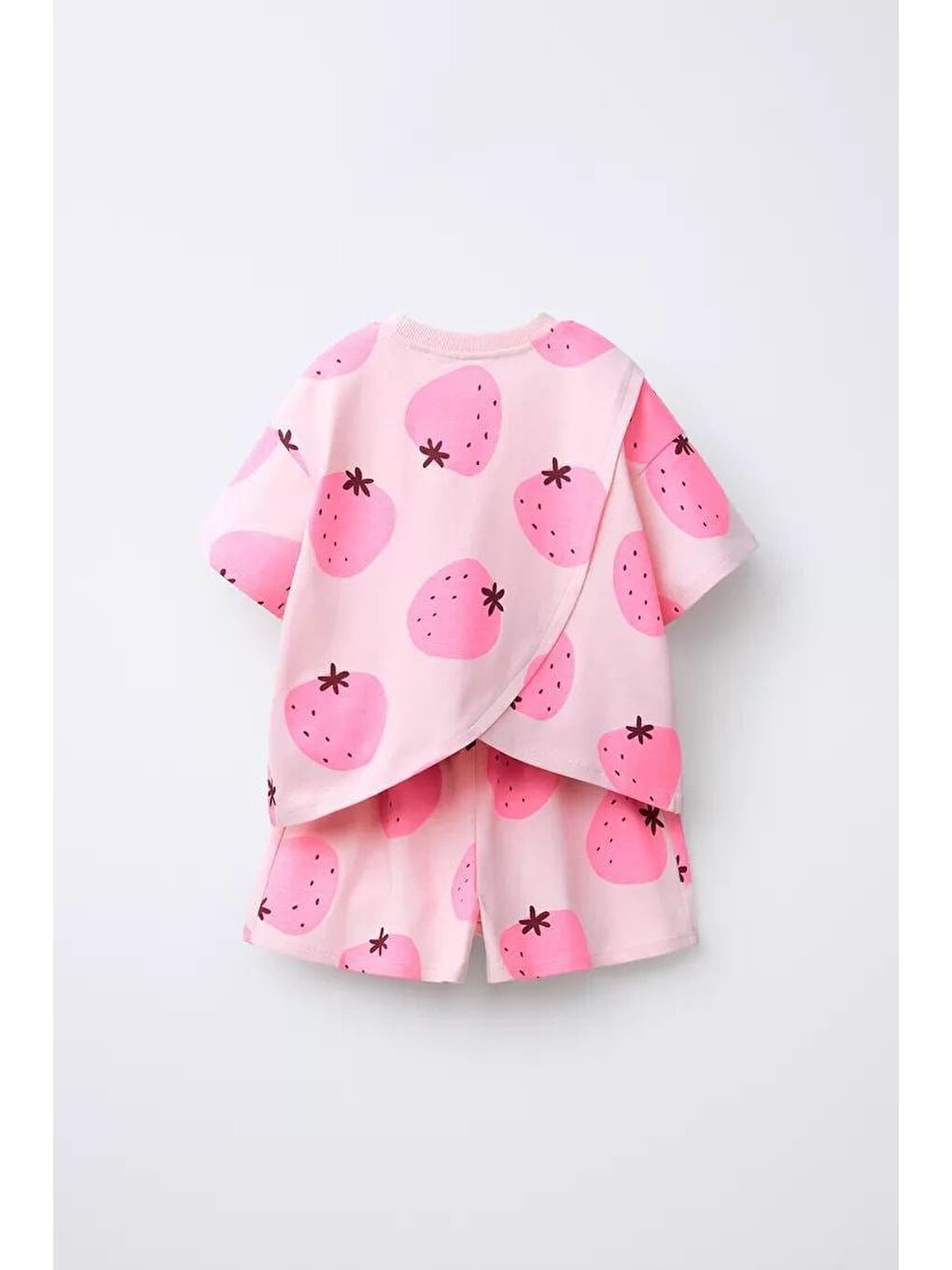 Kız Çocuk Pamuklu Pembe Çilek Desenli T-Shirt Şort Takım-1